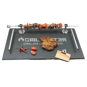 Grillpeter Grillplatte mit Gravur "Grillpeter" Servierplatte Magnethalter + Spieß