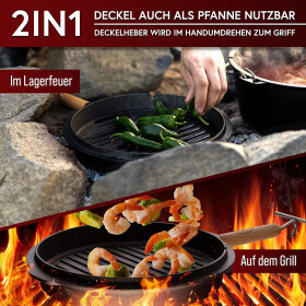 GUSSKÖNIG Dutch Oven Set 9 Liter Feuertopf Gusseisen ohne Füßen inkl. 2in1 Deckelheber Bürste Rezeptbuch
