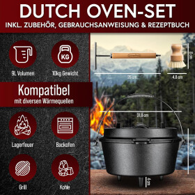 GUSSKÖNIG Dutch Oven Set 4.5 Liter Feuertopf Gusseisen ohne Füßen inkl. 2in1 Deckelheber Rezeptbuch