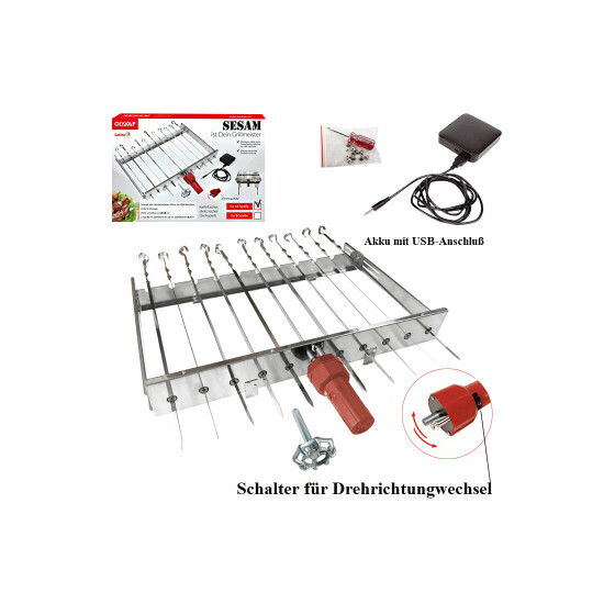 Mangal Schaschlik Grill Spießdreher Edelstahl Sesam für 9 Spieße Motor + Powerbank+USB