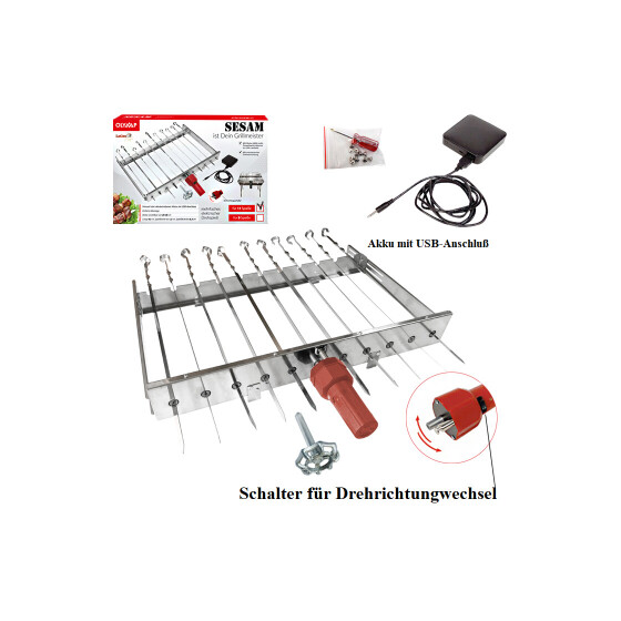 Mangal Schaschlik Spießdreher Edelstahl Sesam für 11 Spieße Akkumotor + Powerbank+USB